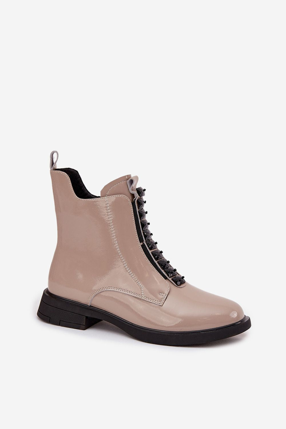 Back angle showing the glossy finish and classic rounded shape of the ankle boots.