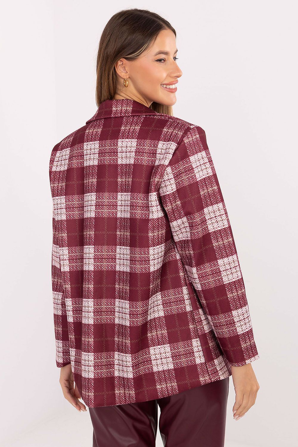 Back view of the checkered blazer showing elegant tailoring and overall check pattern.