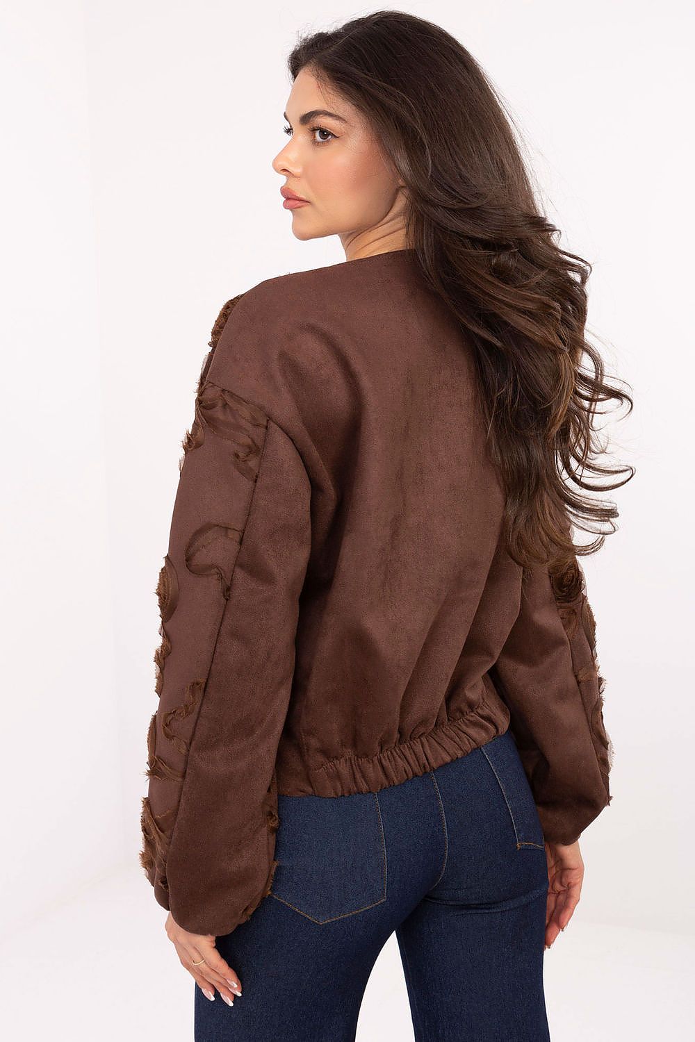 Back view of chic bomber jacket showing smooth fabric design