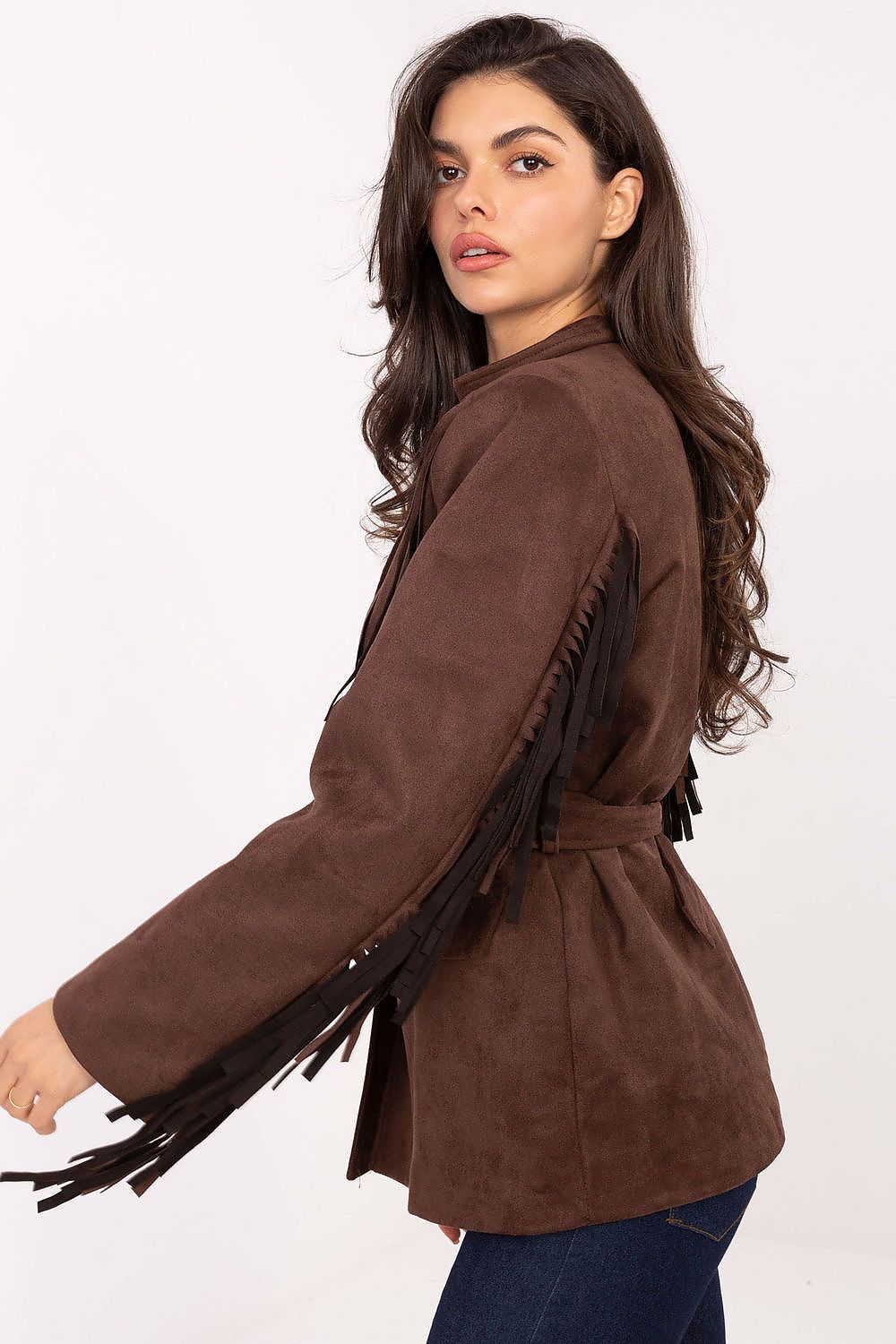 Side view of suede fringed blazer showing sleeve and waist details