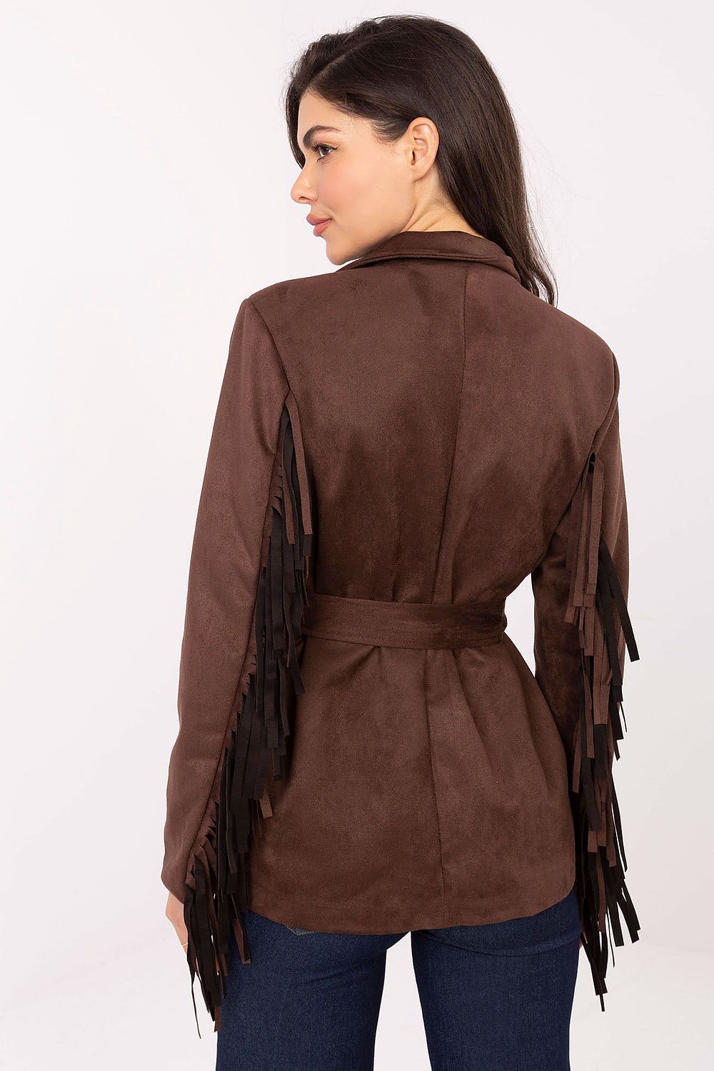 Close-up of blazer fringe and button closure details