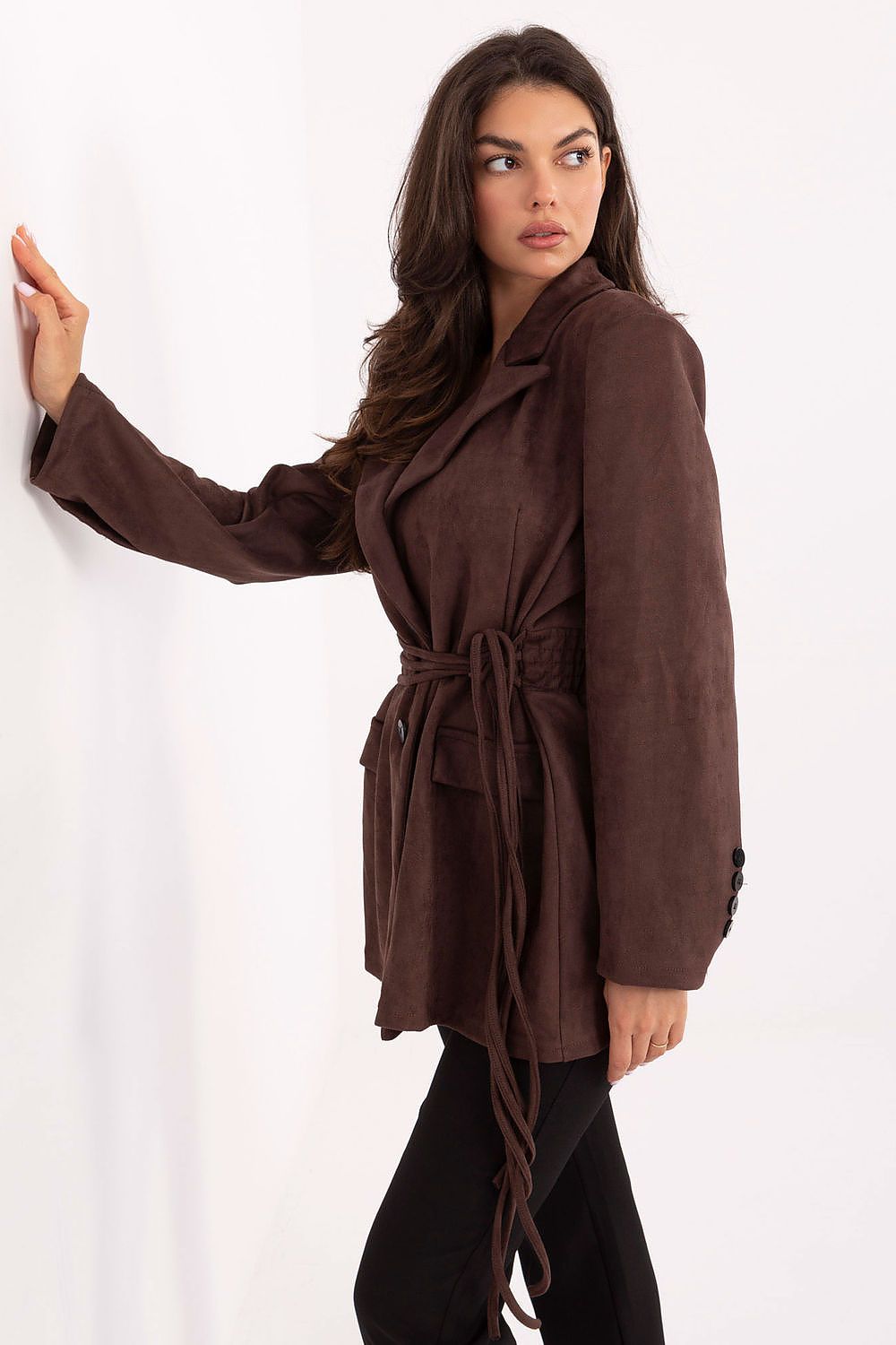 Close-up of soft suede texture and tie belt