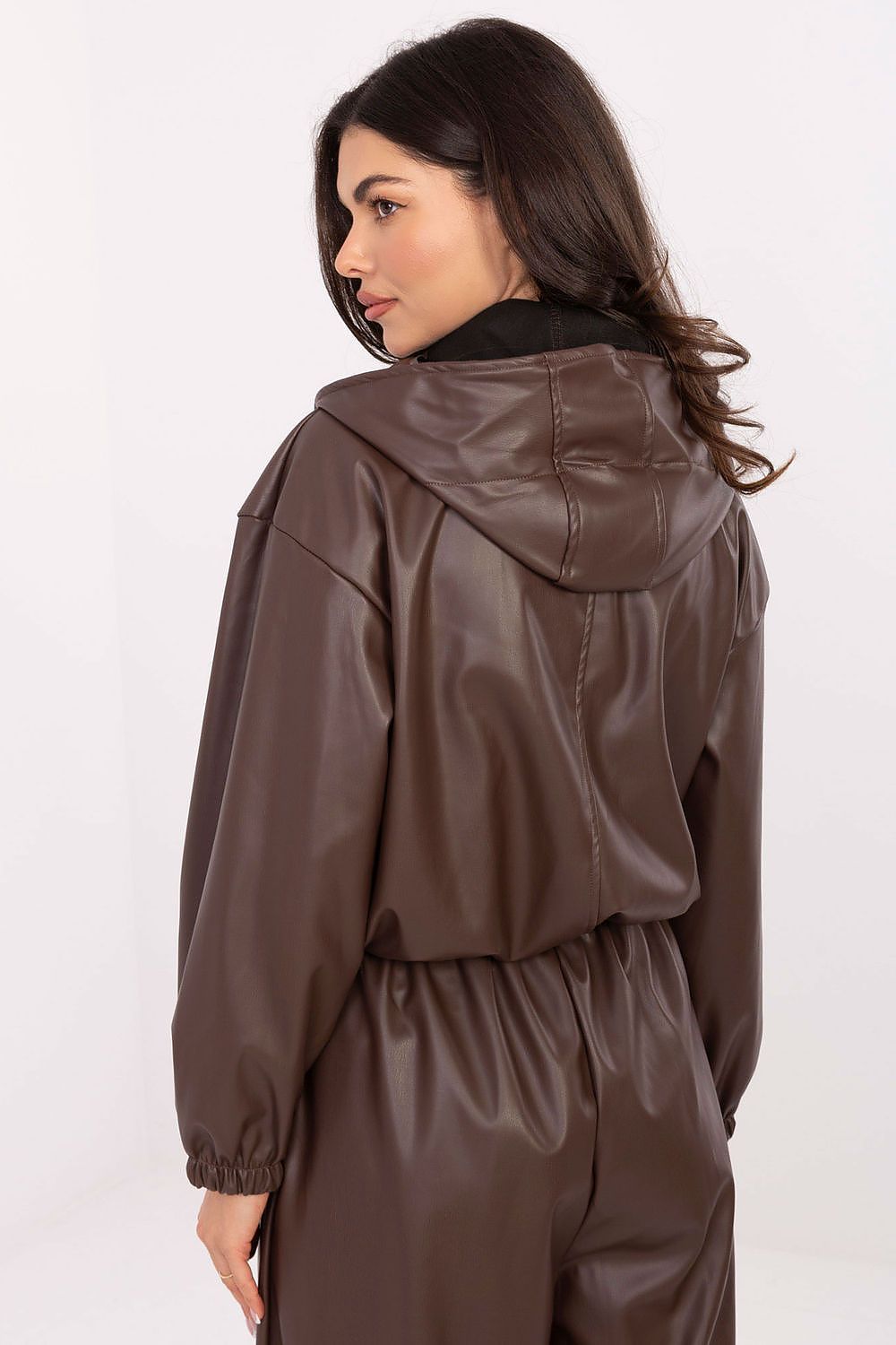 Casual faux leather jacket styled with jeans in brown
