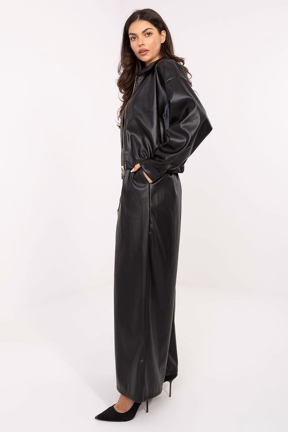 Wide-leg faux leather trousers styled for everyday wear in black