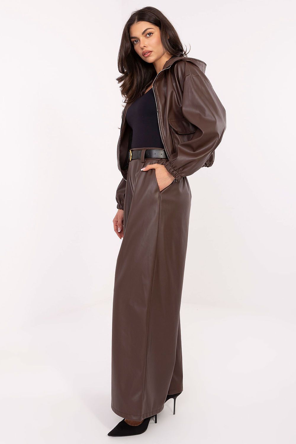 Wide-leg faux leather trousers styled for everyday wear in brown