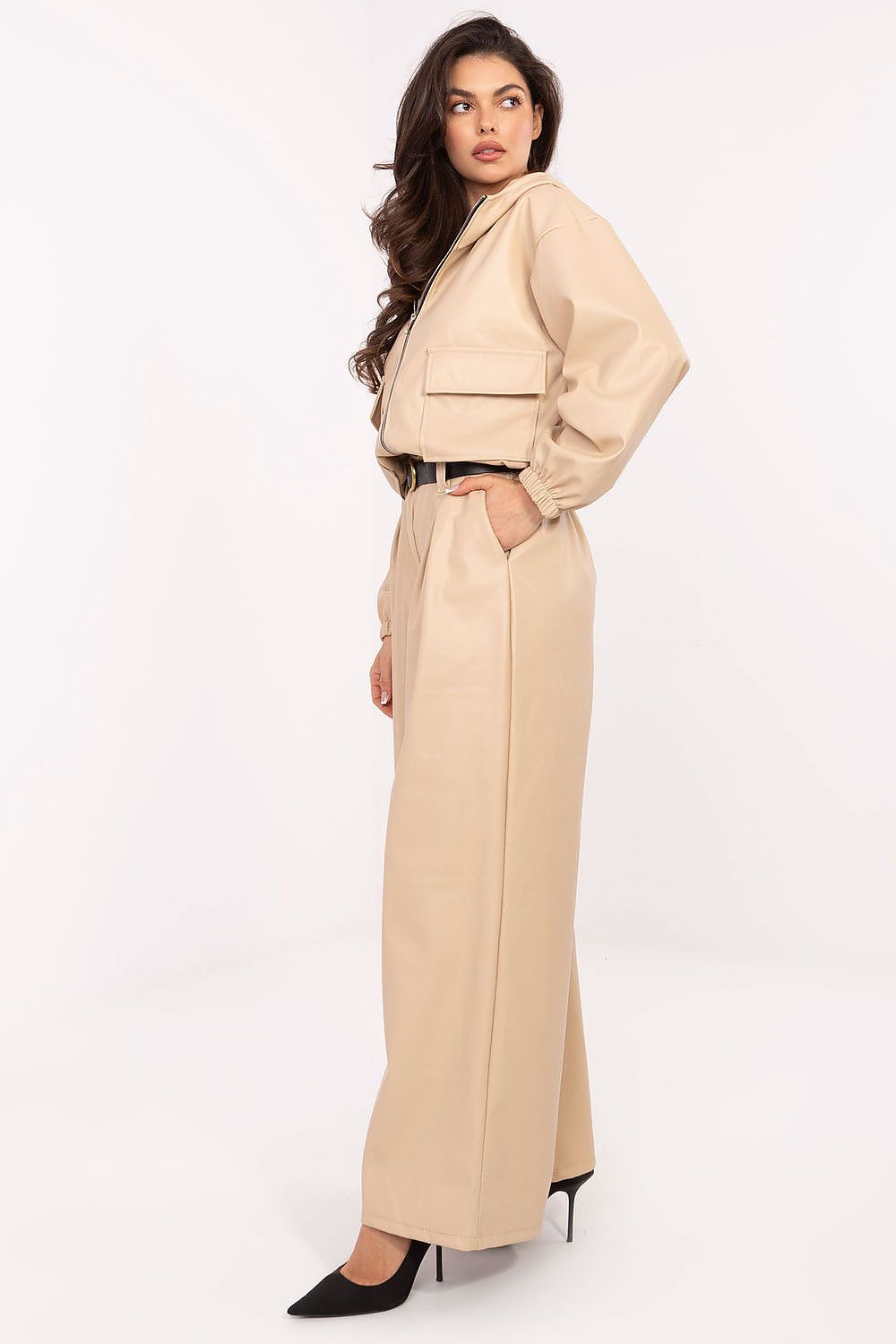 Wide-leg faux leather trousers styled for everyday wear in beige