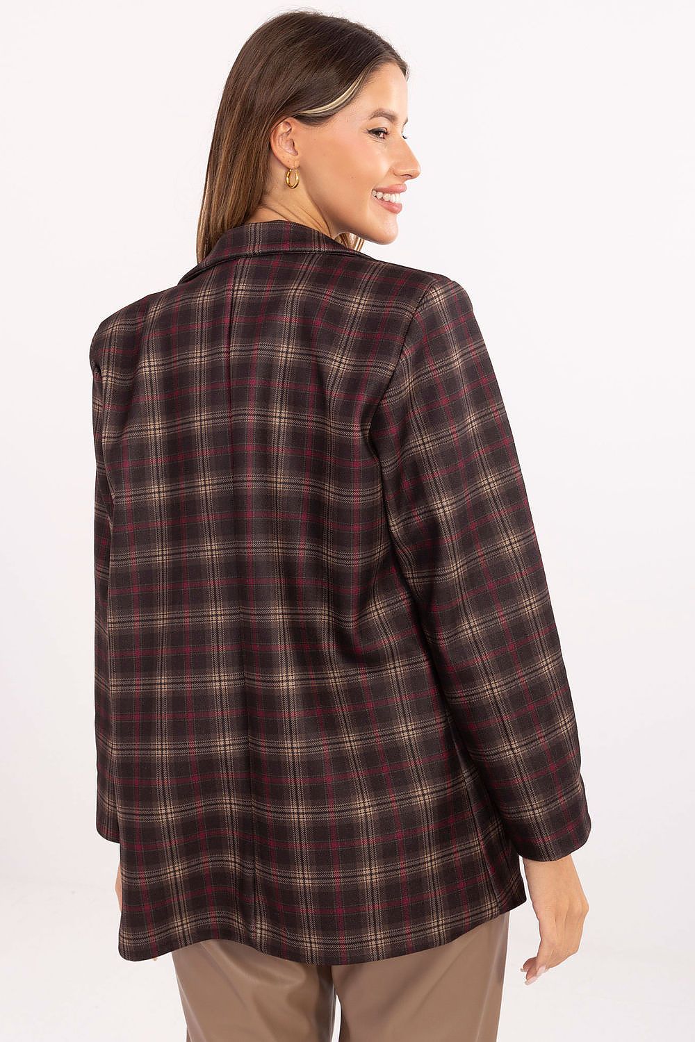 Back view of classic checkered blazer showing tailored fit and shoulder structure.