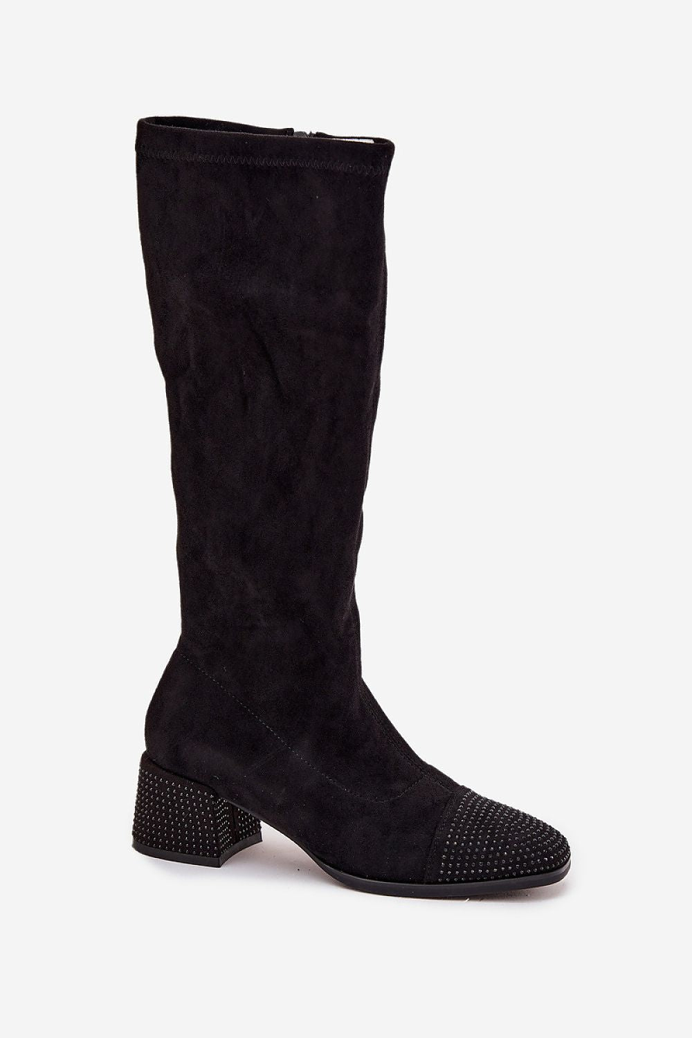 Back angle displaying the zircon-adorned block heel and smooth suede finish in black