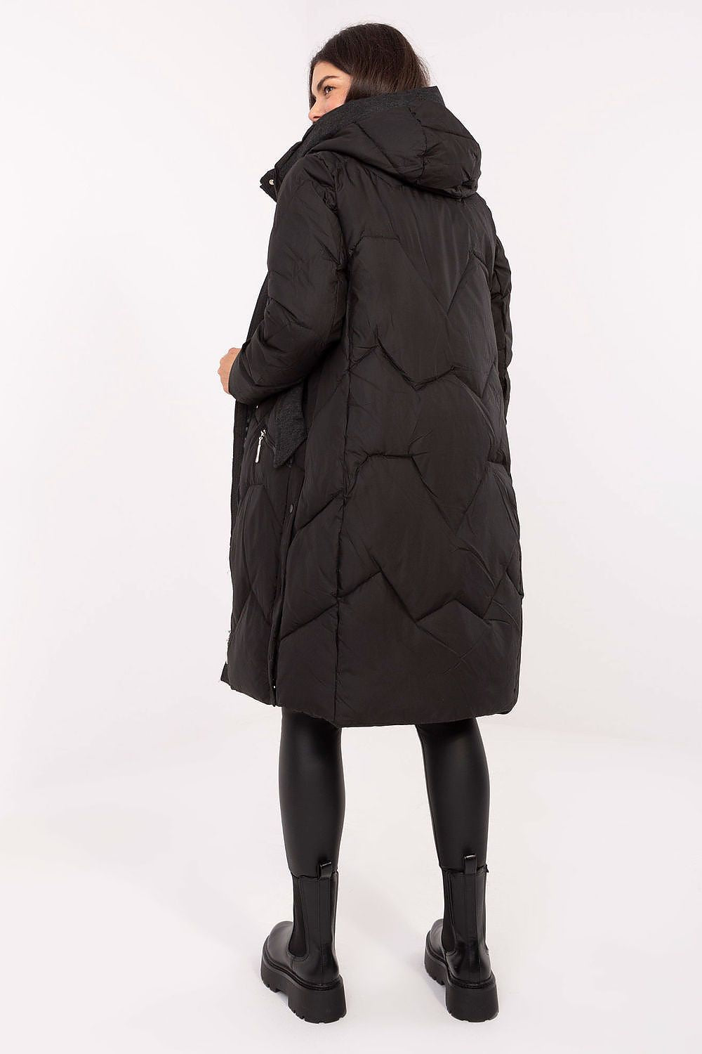 Women's black longline quilted coat with adjustable hood and pockets
