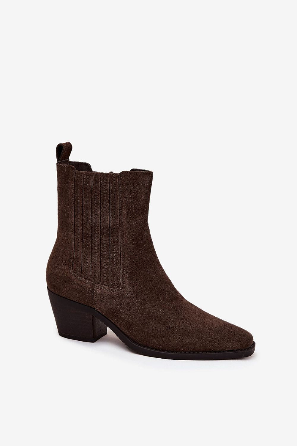 Side view of suede ankle boots with zipper