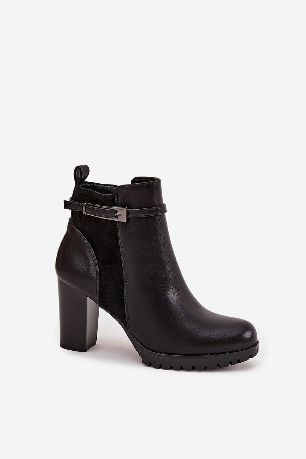 Black ankle boot with block heel on a white background