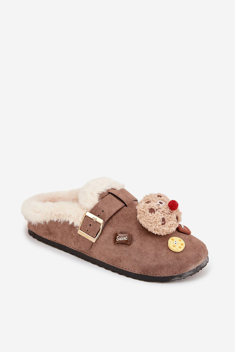 Brown eco-suede slippers for women with warm fur lining.