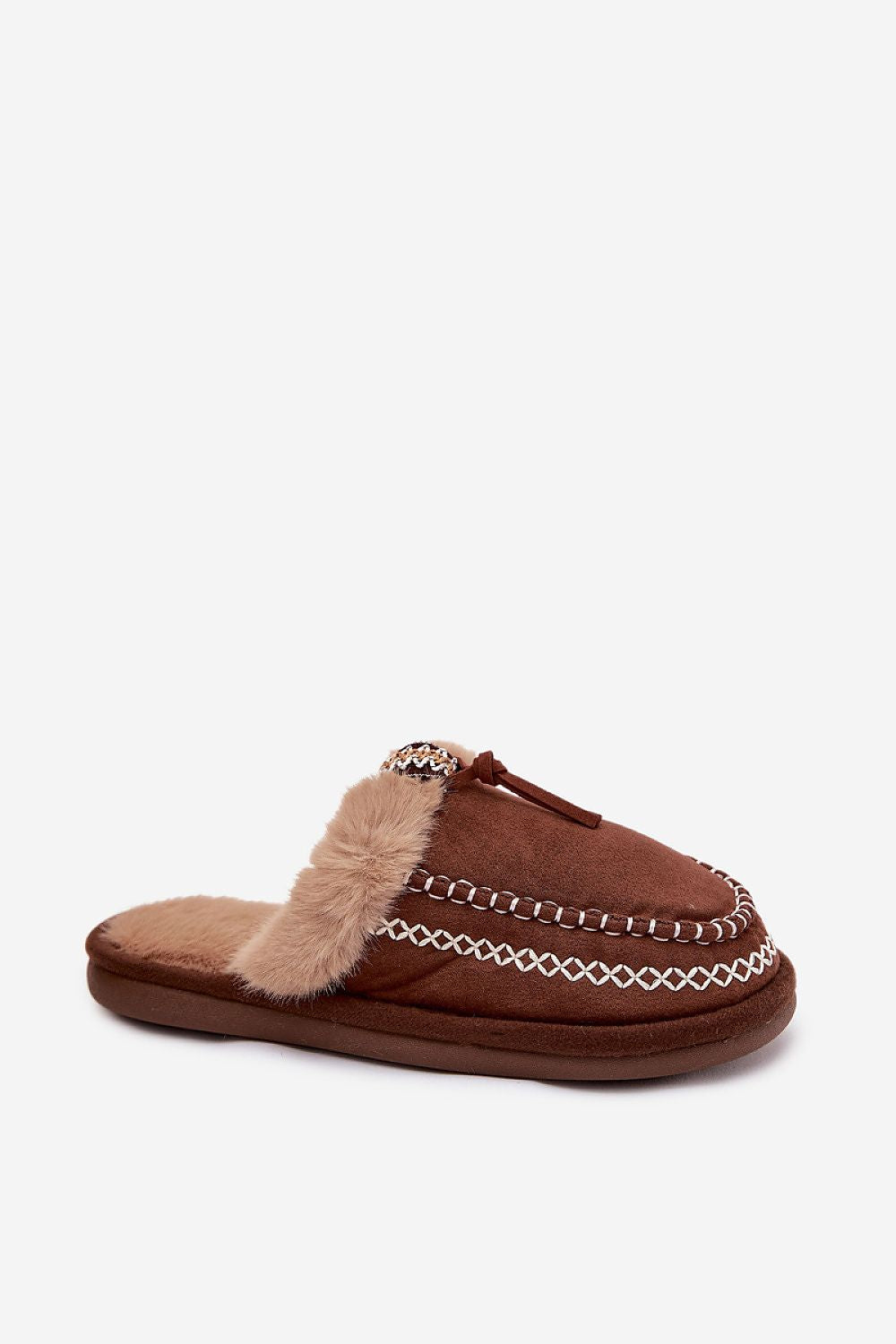Brown slipper with fur trim on a white background