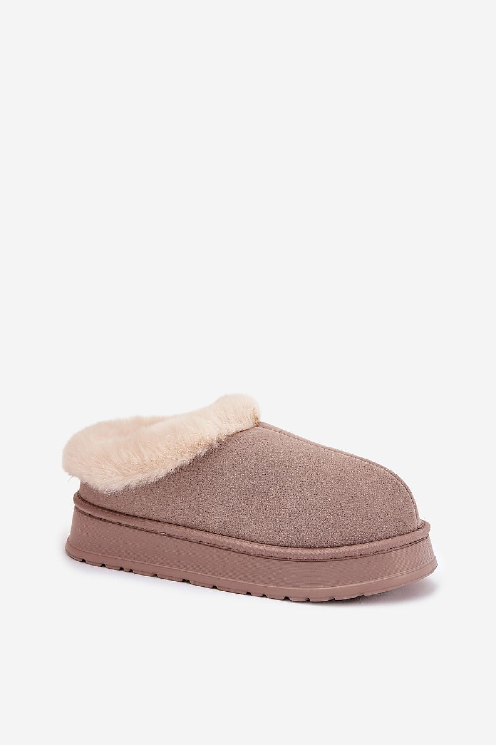 Brown slipper with beige fur lining on a white background