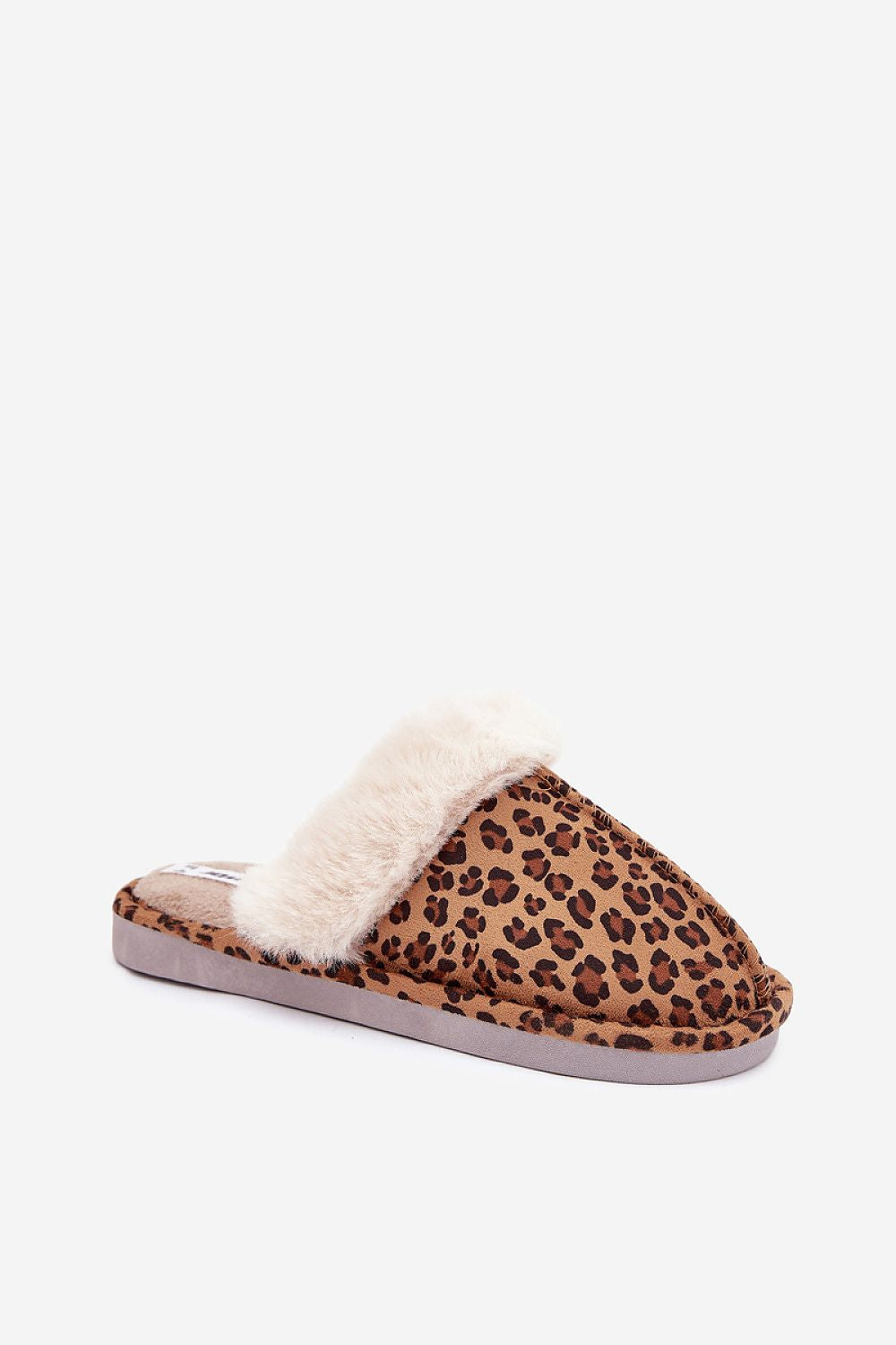 Leopard print women’s slippers with plush interior and cushioned insole – side angle.
