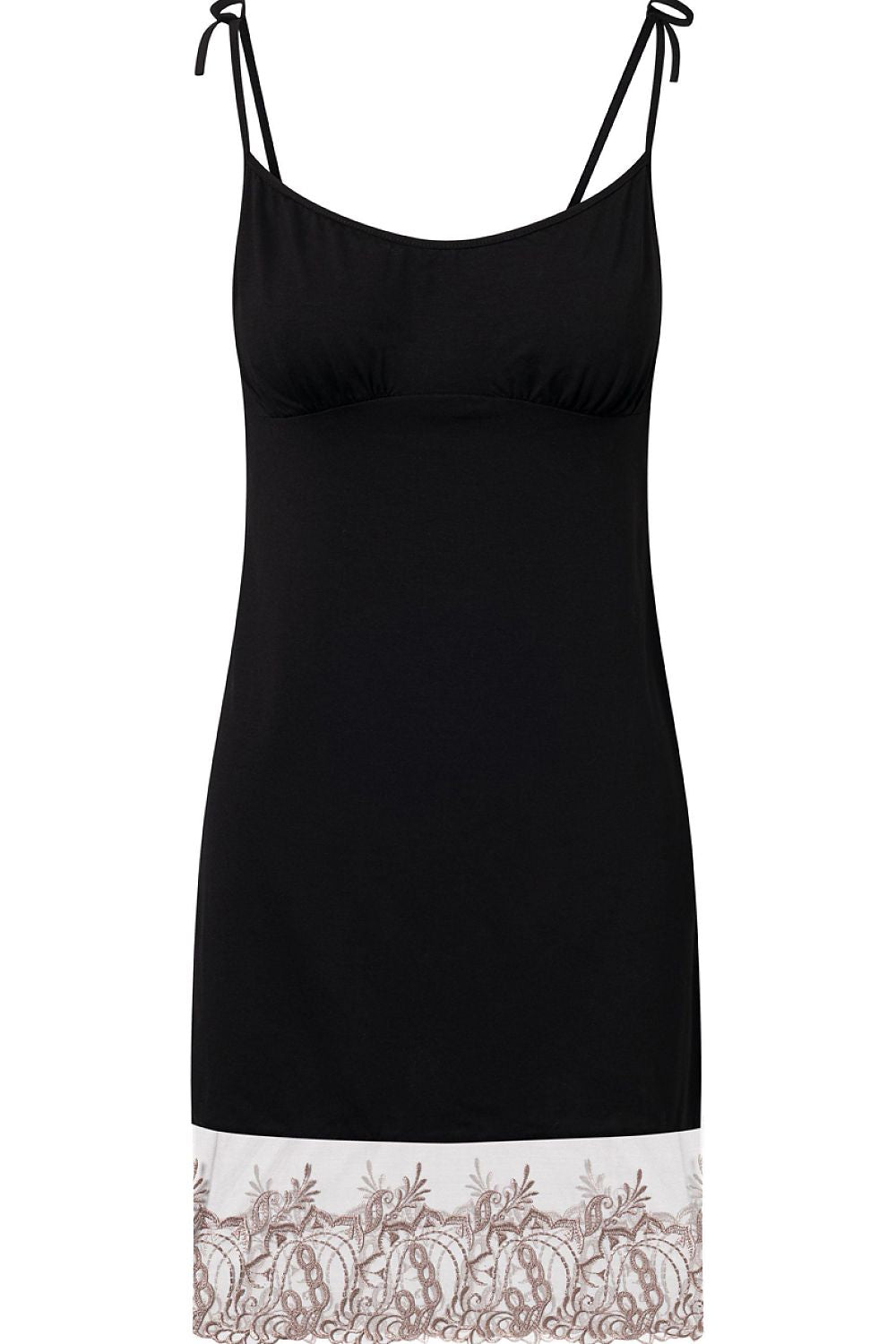 Black slip dress with lace trim on a white background