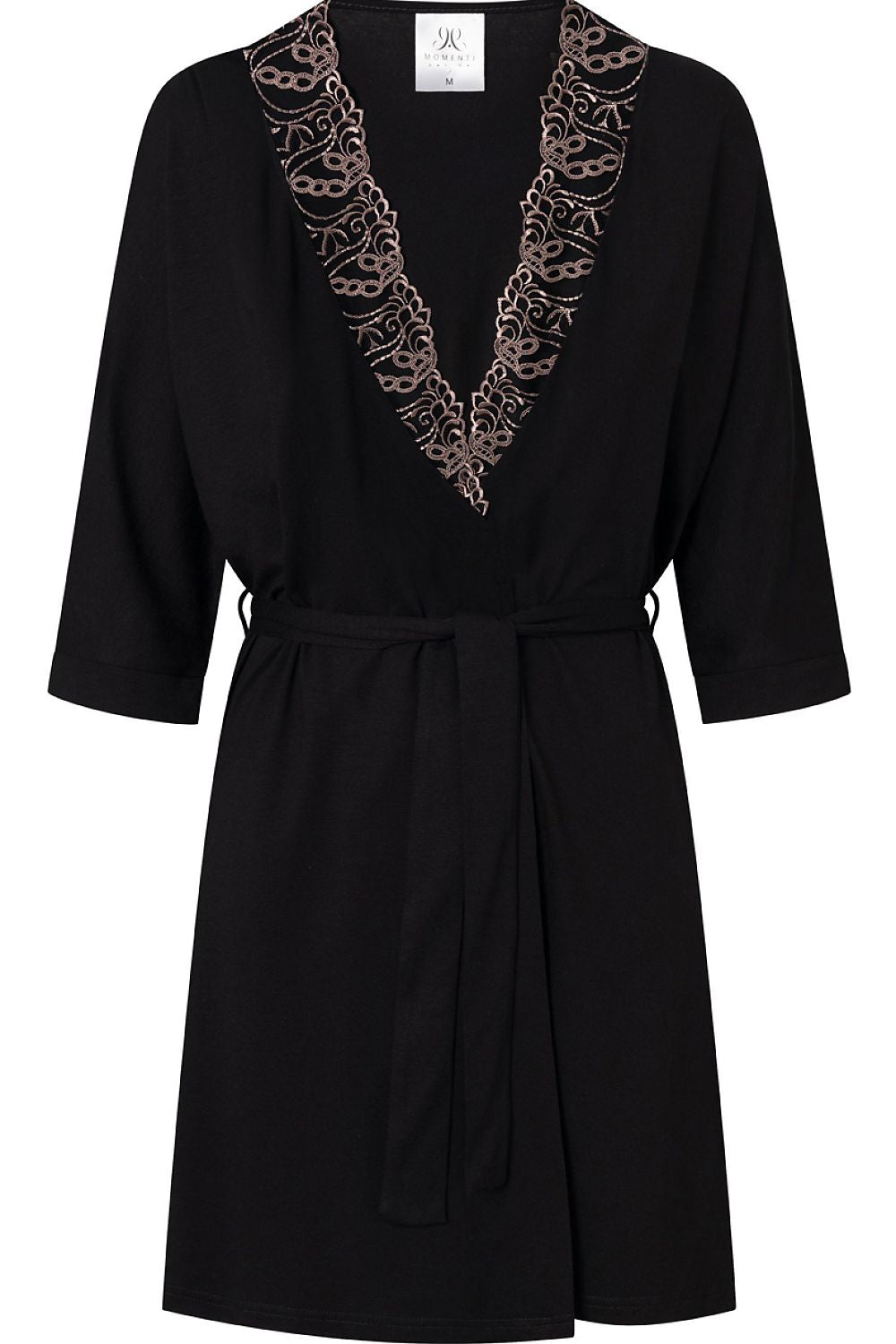 Black dress with lace detailing on a white background