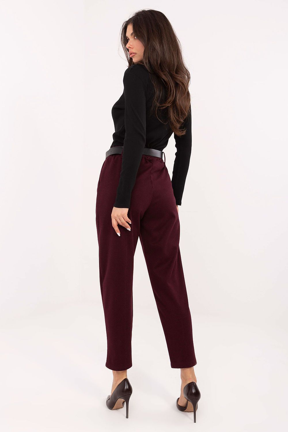 Red houndstooth high-waist cigarette pants for women – rear view