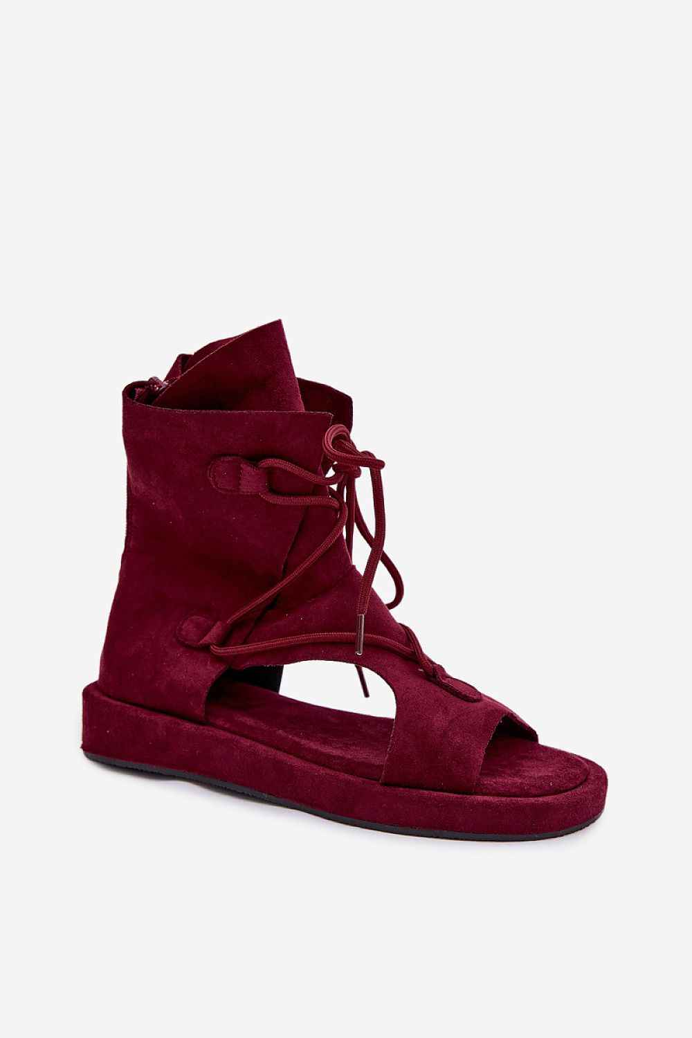 Maroon sandal with lace-up design on a white background