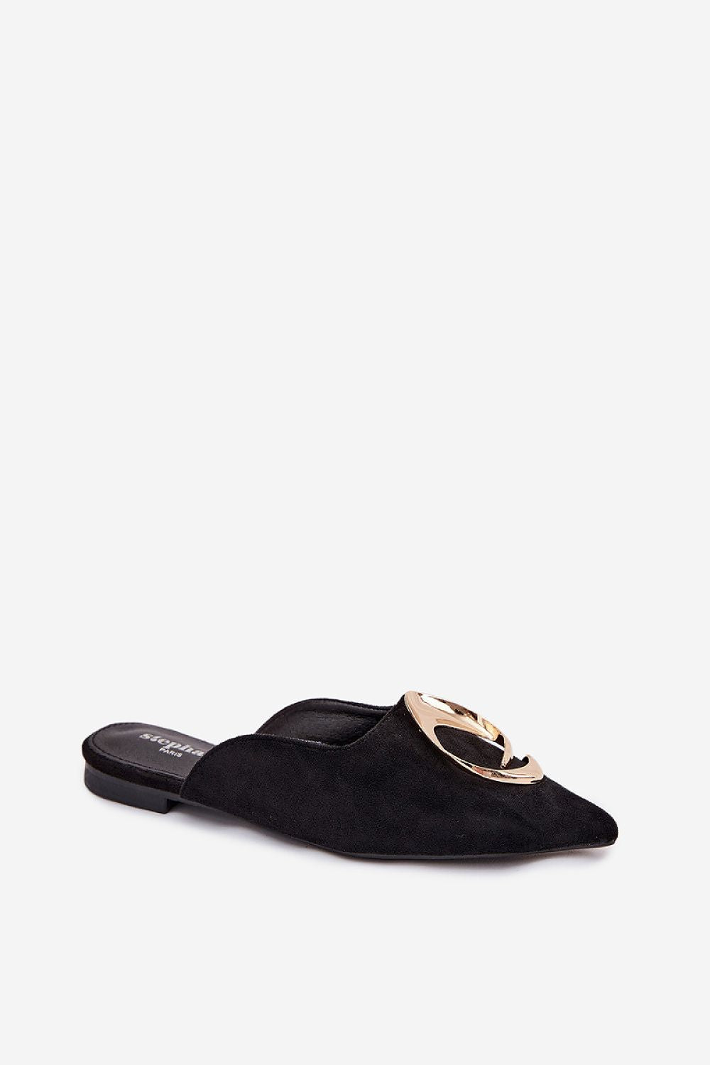 Black slip-on shoe with a gold buckle on a white background