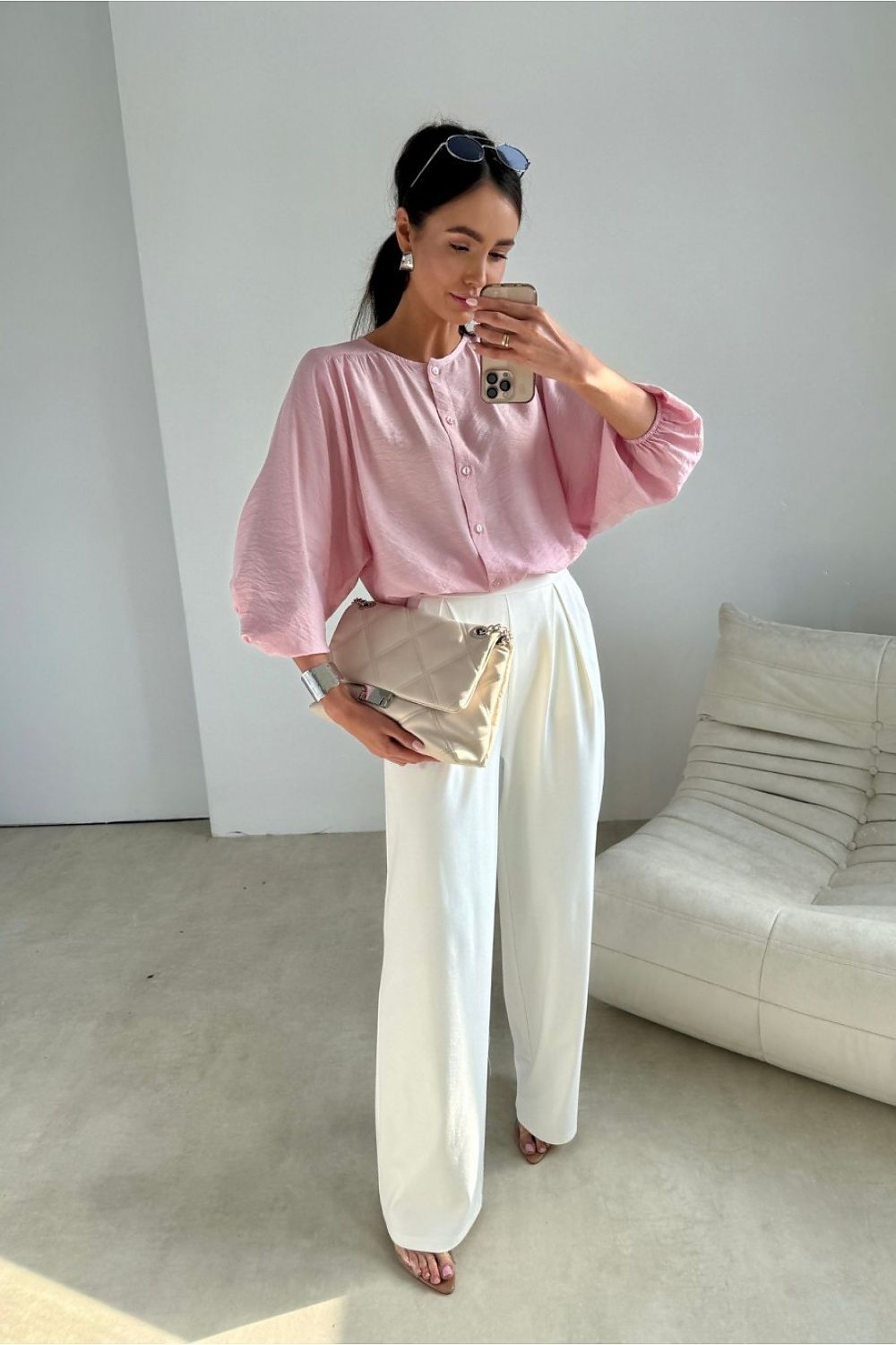 pink airy blouse with loose fit and delicate button front-3