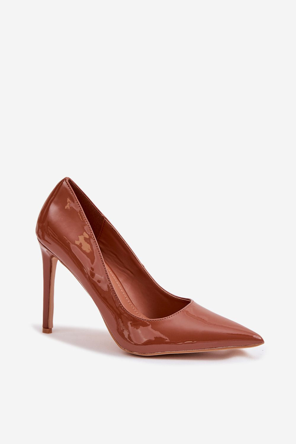 Brown high-heeled shoe on a white background