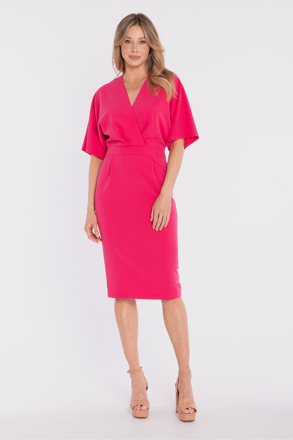 wrap midi dress fitted waist elegant silhouette-rich-pink-full-view