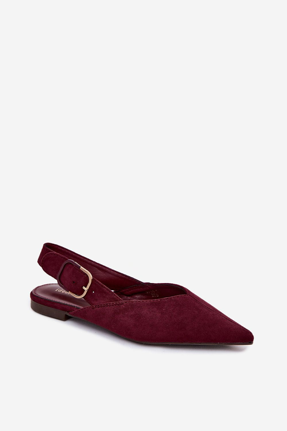 Maroon pointed-toe flat shoe with a slingback design on a white background