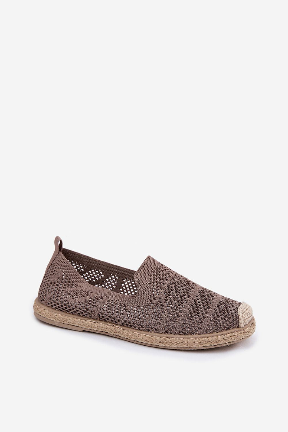 Brown perforated espadrille shoe on a white background