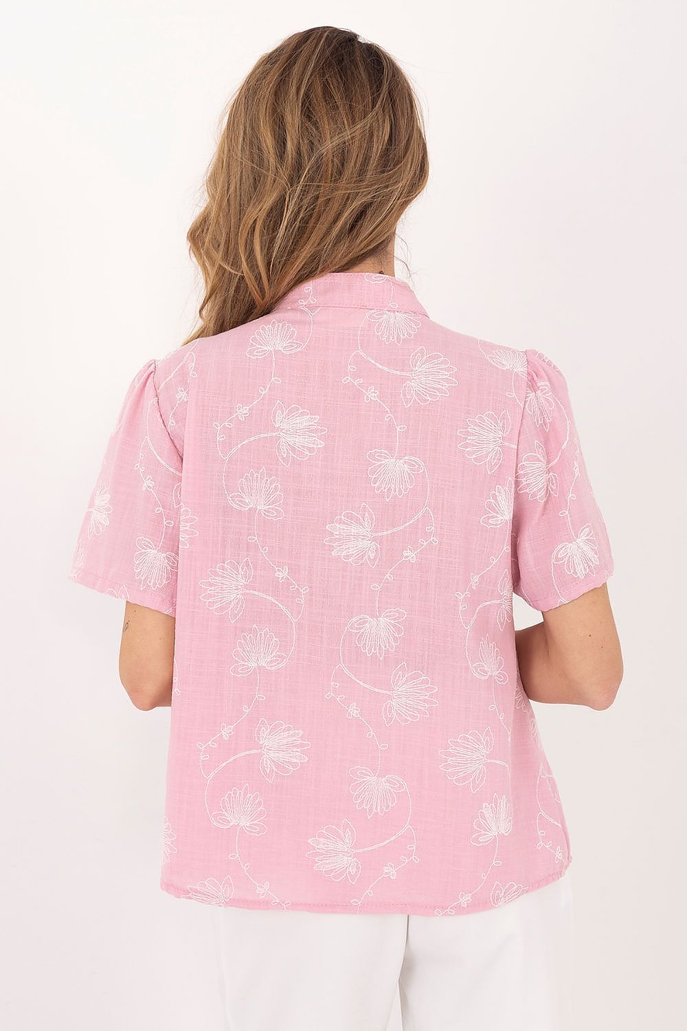 Women's elegant pink printed blouse featuring a stand-up collar design-rear-view