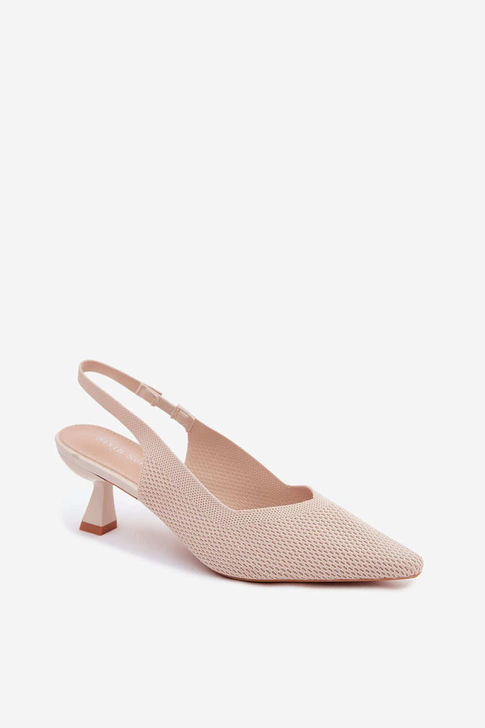 Beige textile sandals with elegant pointed toe and sculpted hourglass heel