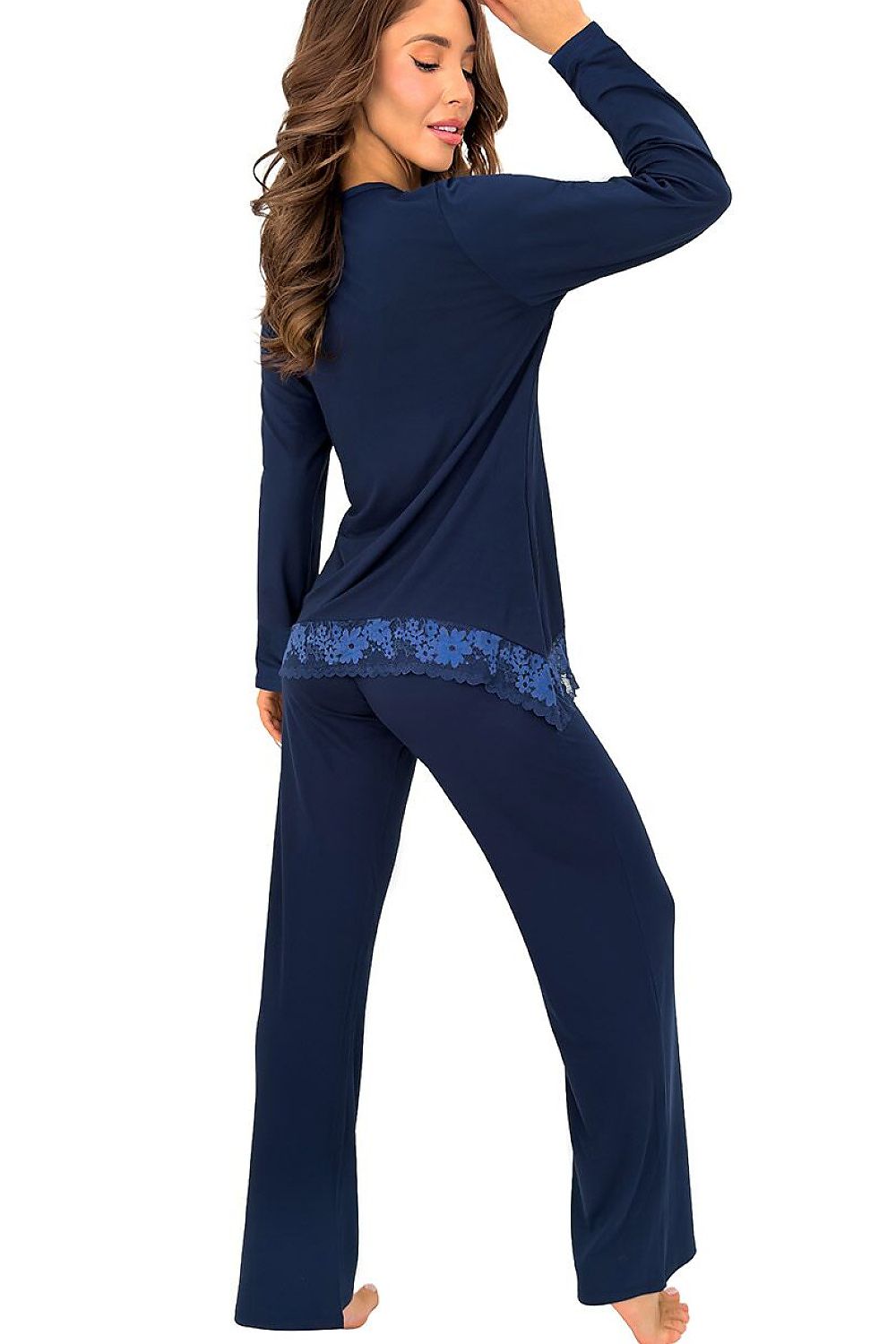 Women's navy Ramona Long viscose pyjama set with long sleeves and delicate lace accents. rear view