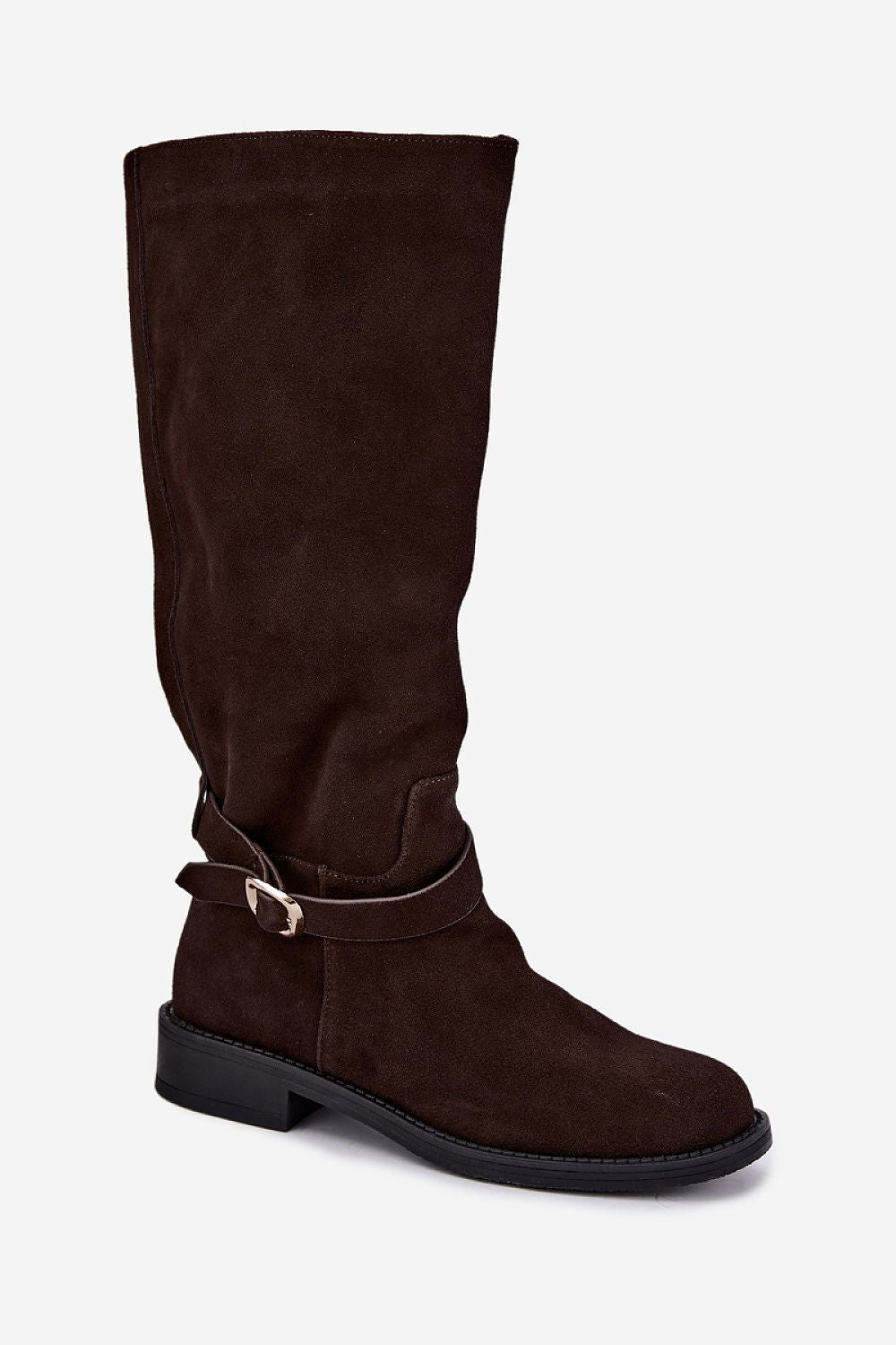 A dark brown suede knee-high boot with a decorative strap and buckle detail around the ankle, set against a plain light gray background.