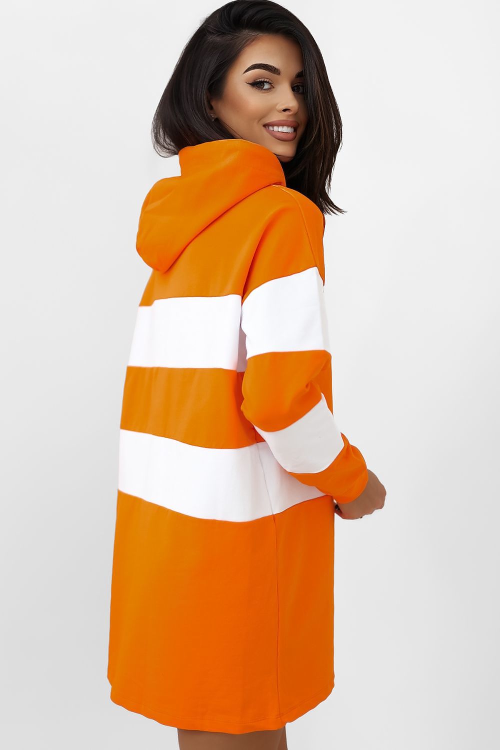 Women's orange striped hooded sweatshirt with long sleeves and extended fit