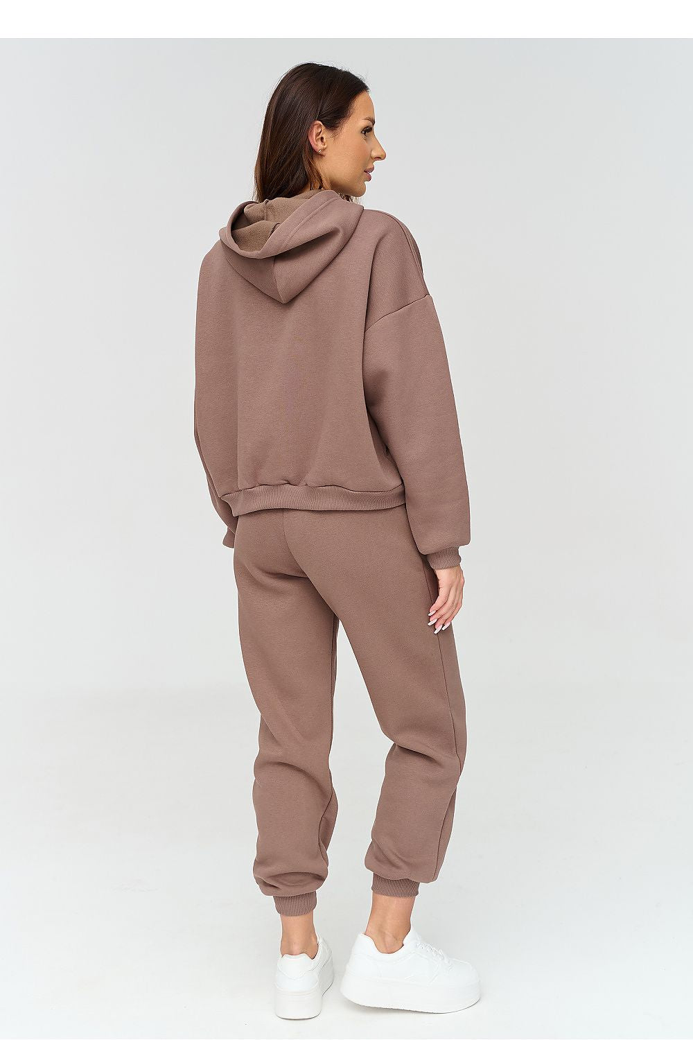 Women's beige embroidered hoodie and straight-leg tracksuit set-rear-view