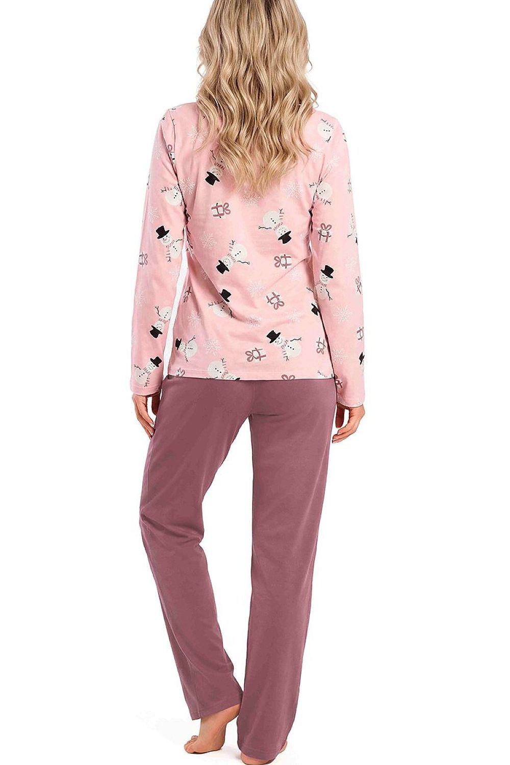 Women's winter nightwear featuring a festive snowman, snowflake and present print with plum straight-leg bottoms rear view