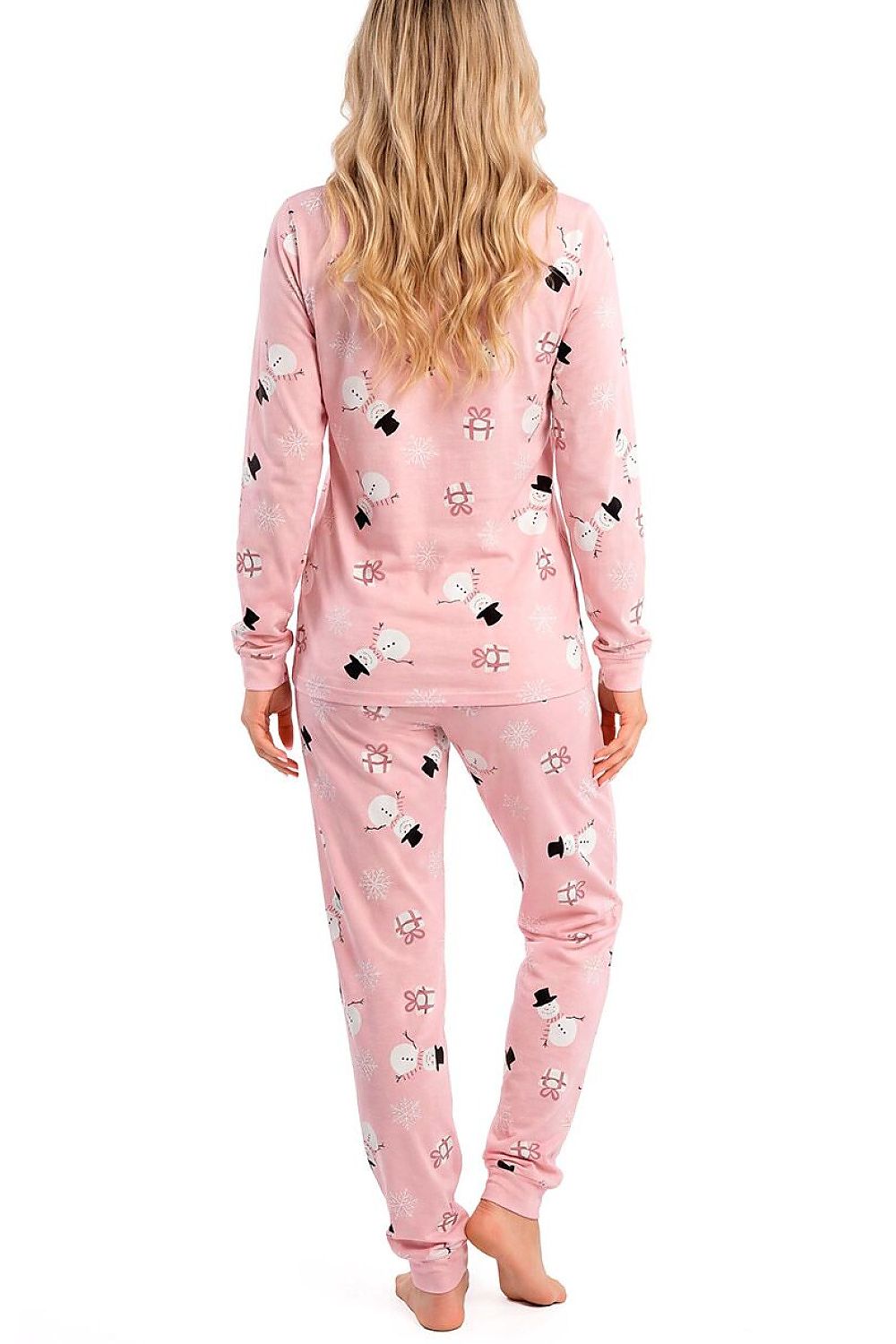 Women's festive pink snowman pyjama set with matching Christmas-print top and tapered cuffed bottoms rear view