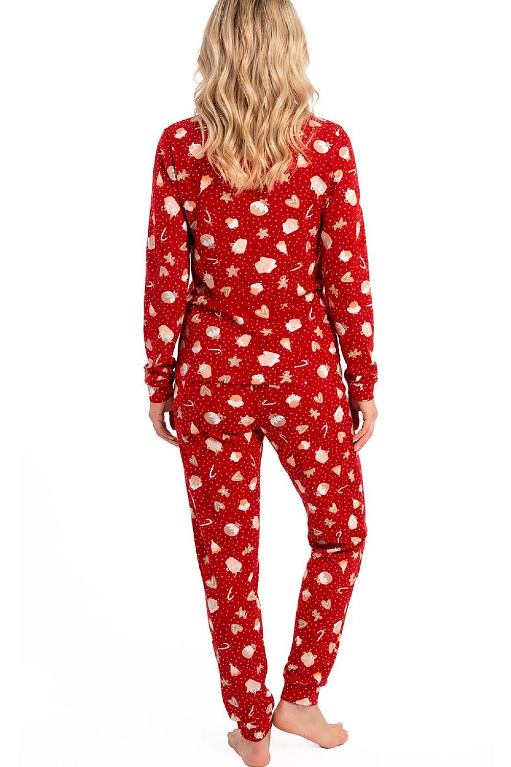 Women's red Christmas cotton pyjama set with gingerbread cookies, hearts and festive sweets print rear view