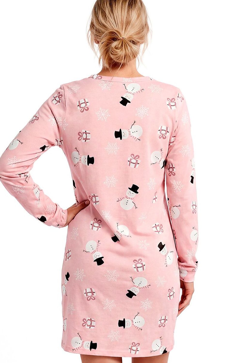Women's pink cotton winter nightshirt with snowman, snowflake and present print rear view