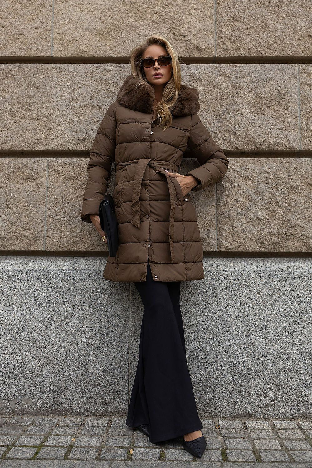 Women's brown knee-length quilted coat with hood, removable fur trim and waist belt
