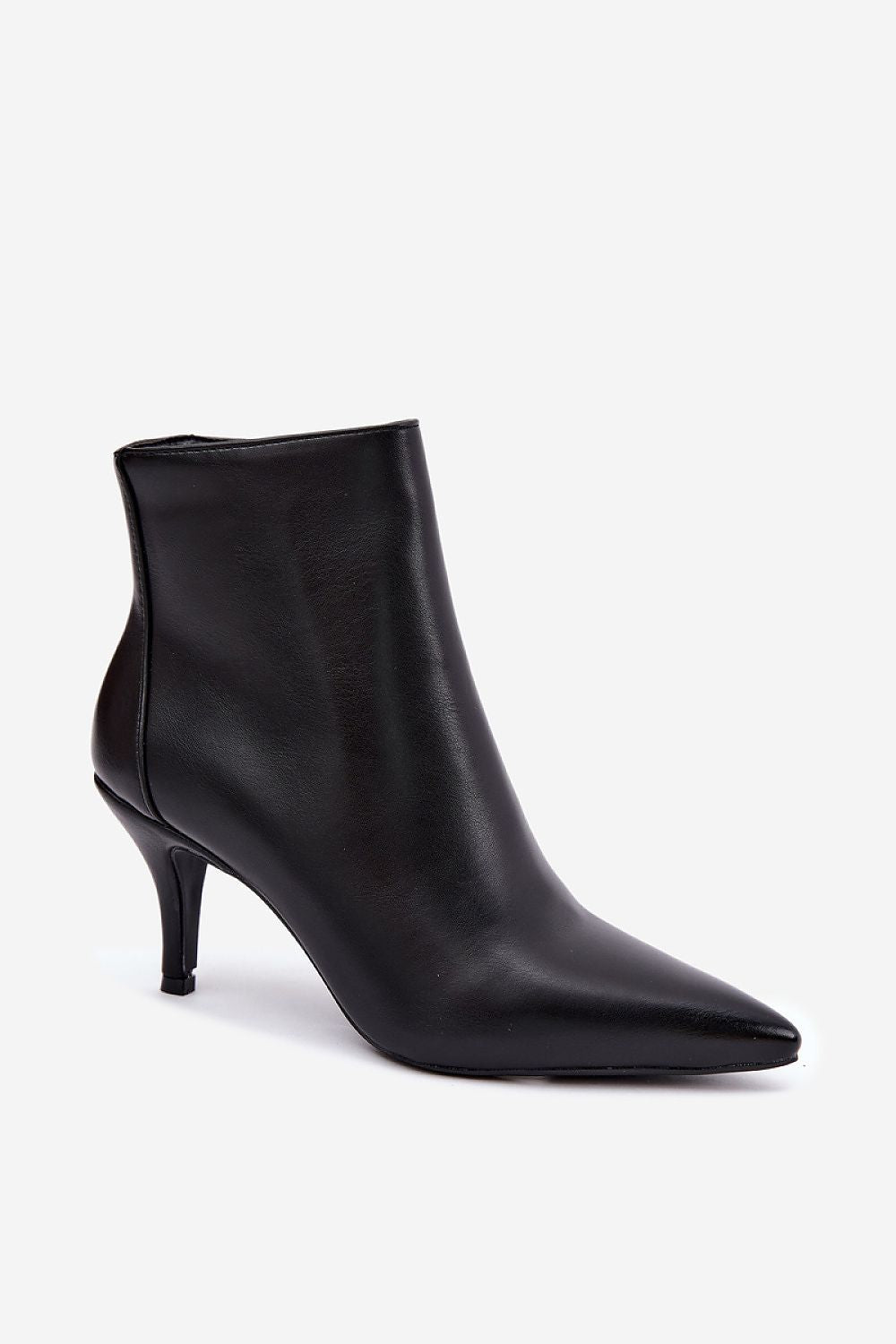 A single black leather ankle boot with a pointed toe and a slim kitten heel, photographed from a side profile against a clean white background.