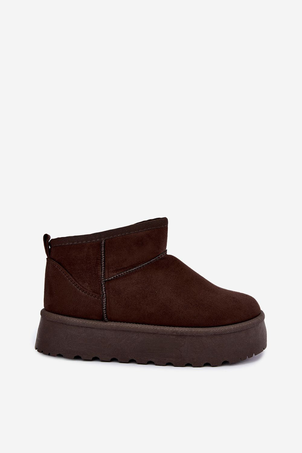 Women's brown faux-suede ankle snow boots with thick faux-fur lining and chunky platform