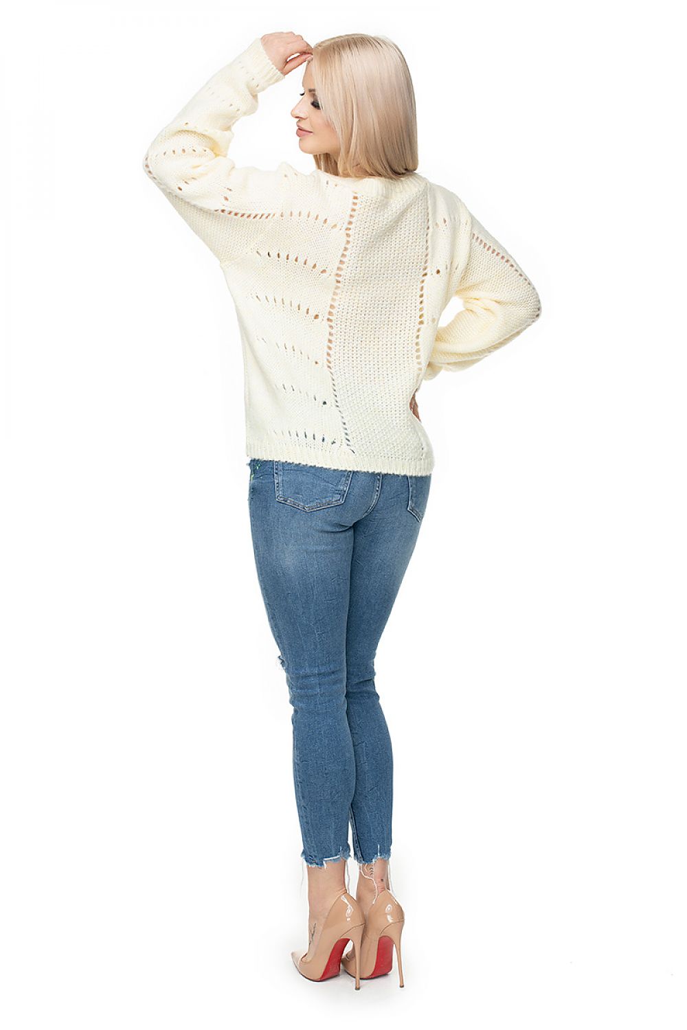 biege soft wool openwork sweater for women.