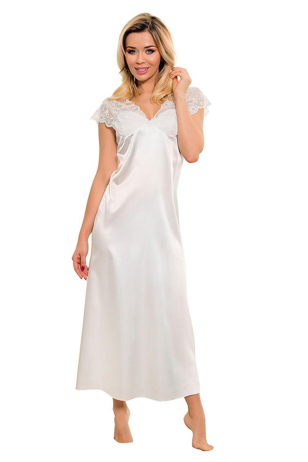 Woman wearing a white satin nightgown on a white background