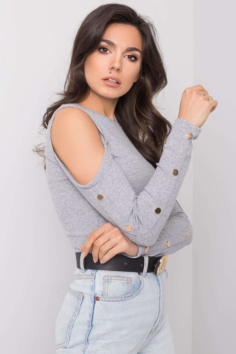 Grey Shoulder Charm Ribbed Blouse – Detail Shot