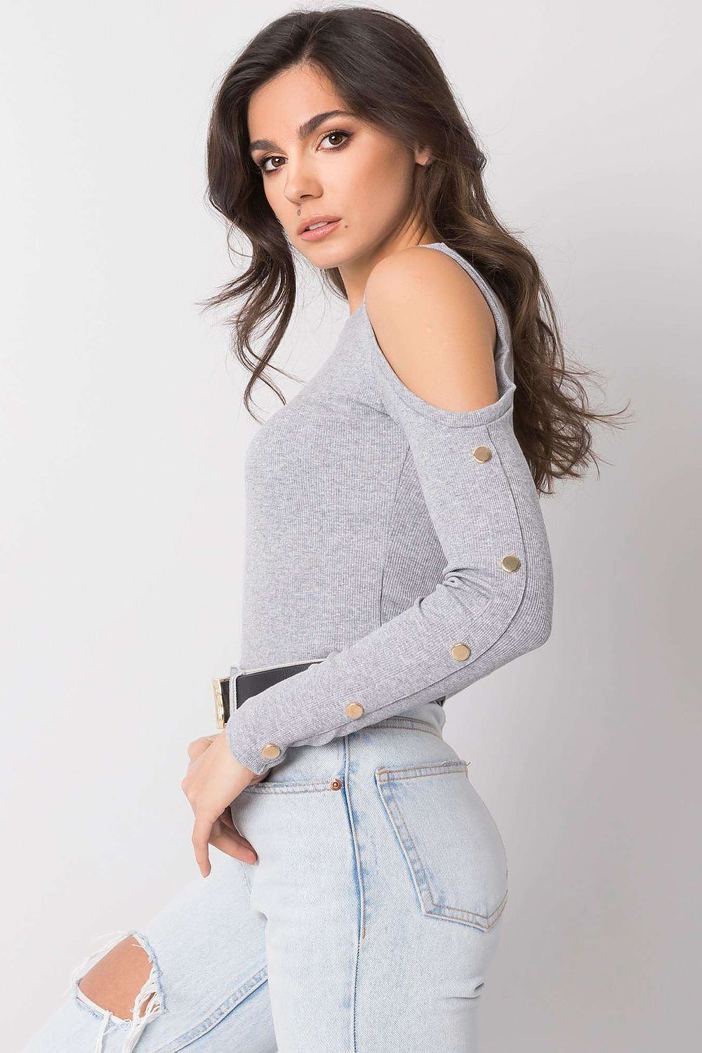 Grey Shoulder Charm Ribbed Blouse – Side View