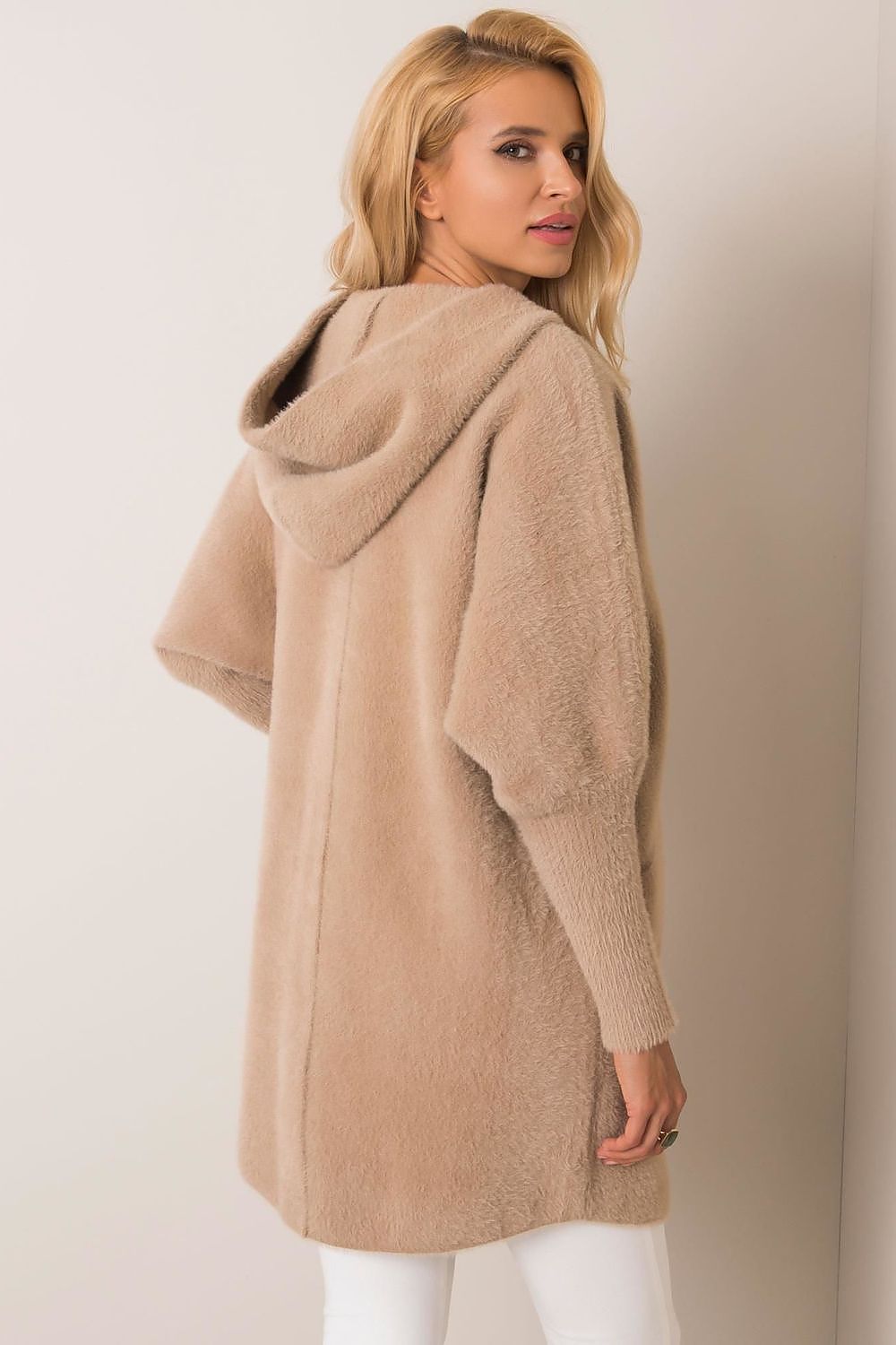 Beige women's autumn coat with practical press-stud fastening