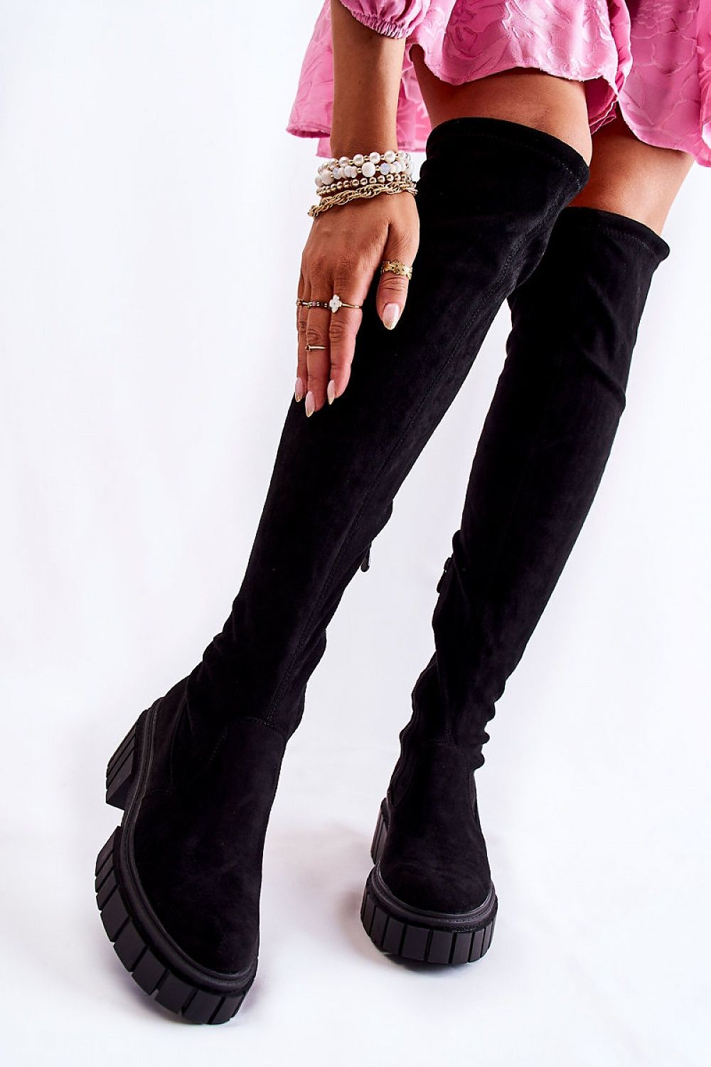 Platform Blanket Over-the-Knee Boots in Black – Front View