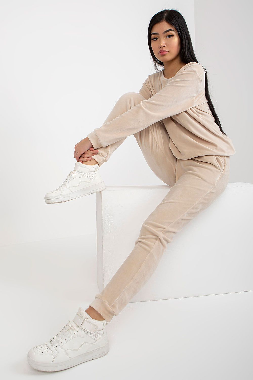 “Beige Velour Lounge Luxe Set, front view”
