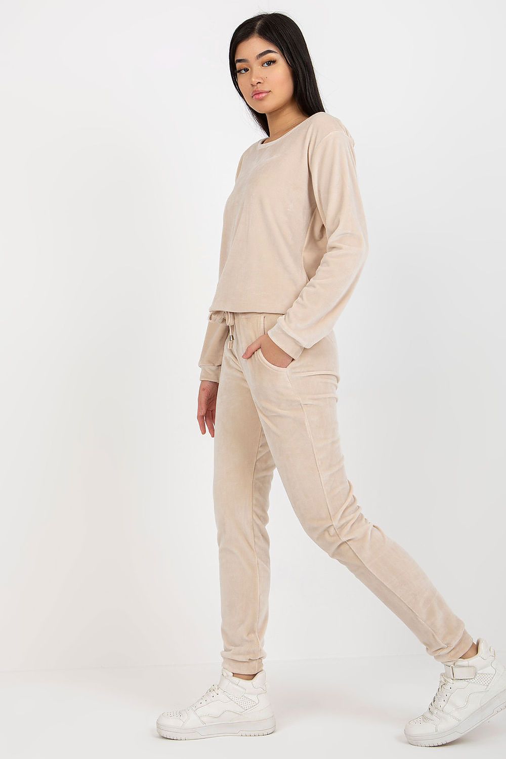 “Beige Velour Lounge Luxe Set, side view”